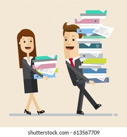 Business man and a woman, colleagues, walk together and carry  stacks of folders. Business people, team. Vector, illustration, flat.