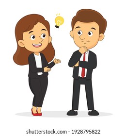 Business man and woman, colleagues, work together. Great idea is in form of a light bulb