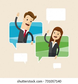 Business man and woman communicate. Chatting with chatbot on phone, online conversation with texting message vector concept. Vector, illustration, flat