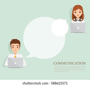 business man and business woman communication with laptop. business people character team work in job.