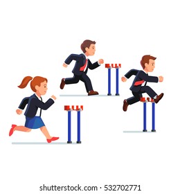 Business Man And Woman Competing In A Steeplechase Race Following The Leader Jumping Over Obstacle. Determined Businessman. Flat Style Vector Illustration.