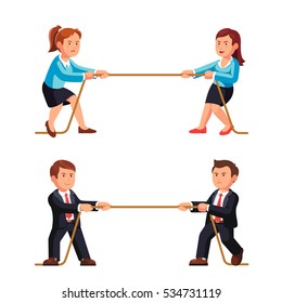 Business man and woman competition metaphor. Playing a tug of war pulling rope. Flat style vector illustration isolated on white background.