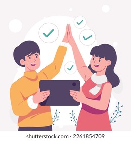 Business man and woman couple holding hands in completed checkbox, commitment, contract or agreement to deliver or complete work.