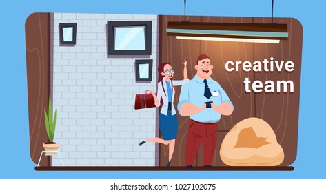 Business Man And Woman Creative Team Standing In Modern Office Coworking Space Businesspeople Flat Vector Illustration