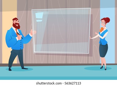 Business Man And Woman Digital Board Seminar Training Conference Brainstorming Presentation Flat Vector Illustration