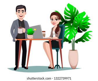 Business man and business woman are discussing business-plan in the workplace. Office workers. Cartoon characters. Startup concept. Vector illustration.