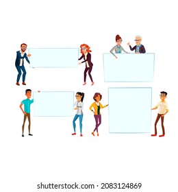 Business man woman with empty banner set. Person with placard. Crowd with background. Young team. Corporate poster. Teamwork template. vector character flat cartoon Illustration