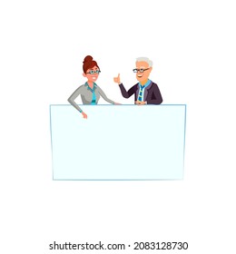 Business man woman with empty banner. Crowd with background. Blank postcard banner. vector character flat cartoon Illustration