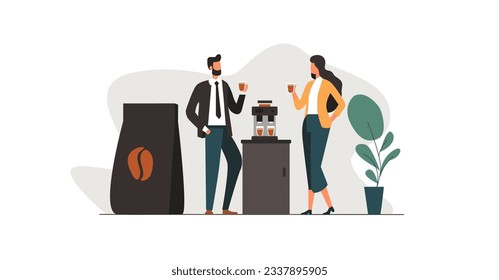 Hombre de negocios y mujer disfrutando del café cerca de la cafetera. Concepto de descanso para café en casa y oficina. Publicidad de café nuevo en el embalaje. Ilustración plana.