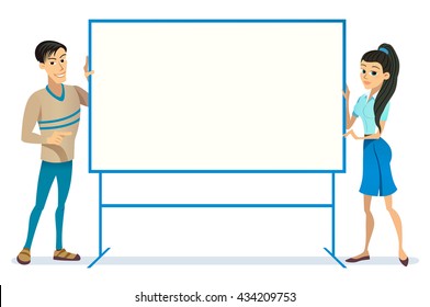 Business Man Woman european Empty holding hold Banner Copy Space Background Flat Vector Illustration stand asian