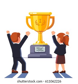 Business man and woman executives standing in front of huge gold cup trophy. Celebrating success with winner and yes gestures raising hands with clenched fists up. Flat style vector illustration.