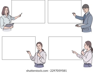 Business man and business woman explaining while writing data on the whiteboard