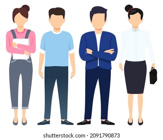 Business man and woman face less character set team standing together and posing with bag