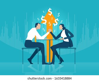 Business man and business woman fighting with Arm wrestling. Business people negotiating the deal. Business concept illustration