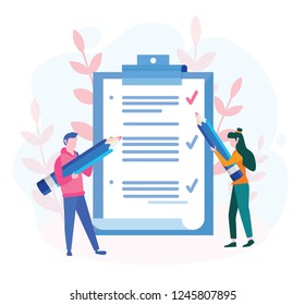 Business man and woman fill out  checklist on a clipboard paper. Big pencil, mission completed concept for web page, banner, presentation, social media, documents, cards, posters. Vector illustration