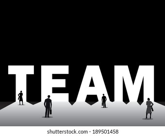 Business Man & Woman Front Of Team Text Door Teamwork Concept.  Professional Dressed Businessman And Woman Stand Thinking In Front Of A Bright Team Text Door With Black Background Wall Illustration