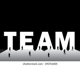 Business Man & Woman Front Of Team Text Door Teamwork Concept.  Professional Dressed Businessman And Woman Stand Thinking In Front Of A Bright Team Text Door With Black Background Wall Illustration