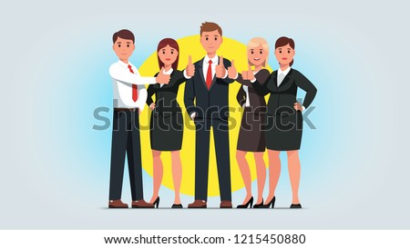 Business man & woman group showing thumb up gesture. Successful business people team characters standing gesturing businessman showing positive feedback. Flat isolated vector illustration