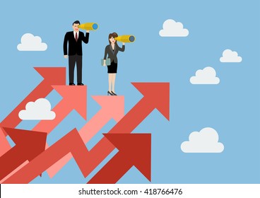 Business man and woman have a telescope standing on graph up. Business concept