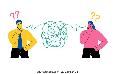 Business man and woman have troubles with understanding each other. Problems in communication concept. Flat vector illustration isolated on white background