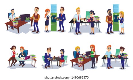 Business Man and Woman Having Break Time at Office Flat Cartoon Vector Illustration. Male and Female Characters Drinking Coffee, Water from Cooler, Eating Donuts. Collegues at Desk.