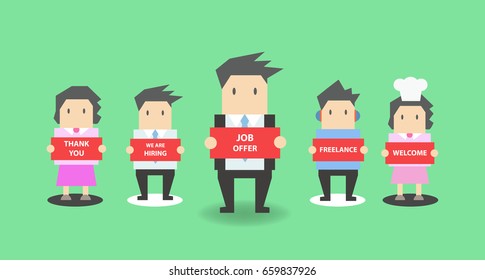 Business Man and Business Woman hold a thank you, hiring, job offer, freelance, welcome post signs. Set of cute cartoon businessman in various poses for use in sales, web, slide, presentations, etc.