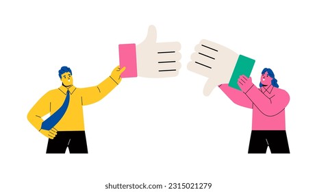 Business man and business woman holding like and dislike signs in hands. Voting and feedback concept. Flat vector illustration isolated on white background