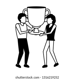 business man and woman holding trophy
