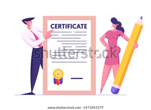 Business Man and Woman with Huge Pencil\
Holding Insurance Certificate with Seal Stamp for Protection of\
Health, Life, Real Estate and Property Interests Insured Events\
Cartoon Flat Vector\
Illustration