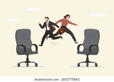 Business man and woman jump on office chair metaphor of job rotation. employee switch position for new skill and experience, moving to new responsibility within organization. flat vector illustration