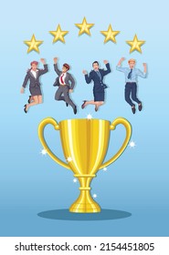 Business man and business woman jumping together winner champion with giant trophy vector illustration.
