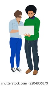 Business man and woman with laptop in hands, looking at screen, surfing internet online. Two colleagues standing and holding computer device. Flat vector realistic illustration isolated on white.