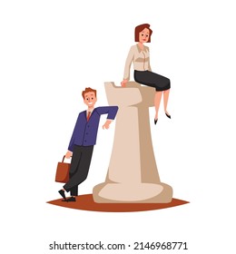 Business man and woman leaning on rook chess piece, flat vector illustration isolated on white background. Abstract concepts of strategy at work, teamwork and success.