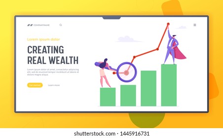 Business Man and Woman with Magnifying Glass, Financial Profit Statistic Diagram. Marketing Solution Development, Graph, Website Landing Page Set, Web Page. Cartoon Flat Vector Illustration, Banner