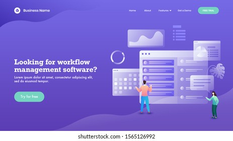 Business man and woman maintain the website on purple background for Workflow management Software concept based landing page design.