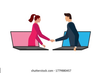 Business man and woman make deal at a distance by virtually shaking hands on laptop screens. Web online agreement communication conference concept. Virtual handshake cooperation vector flat illustration