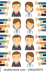 Business man and woman, many hands with thumbs. Dislikes and likes concept. Positive and negative emotion. Creative vector illustration