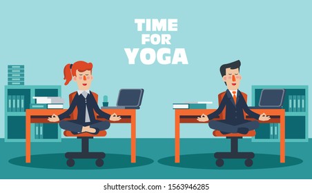 Business man and business woman meditates in lotus position. Business people practicing yoga in office