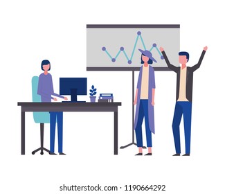 business man and woman office board presentation computer plant