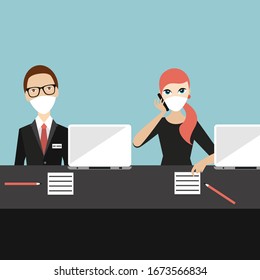 Business man and woman in the office wear mask to prevent corona virus. Flat vector. 