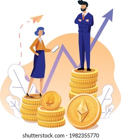 Business man and woman on cryptocurrency Ethereum Bitcoin coins investments