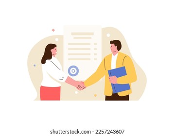 Business man and woman partners shake hands. Signing a contract, agreements, closing a deal, selling. Vector characters