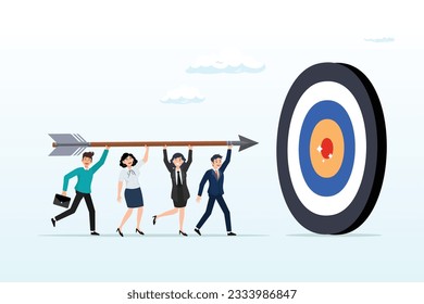 Business man and woman, people help carry archery bow to hit target bullseye, aiming at target, reaching goal or achievement, team collaboration or partnership, teamwork or corporate mission (Vector)