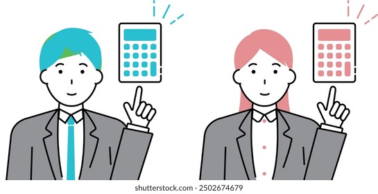 Business man and business woman pointing at calculator