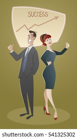 Business man and woman proud of their success. Cartoon retro style 50's and 60's