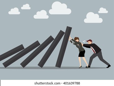 Business man and business woman pushing hard against falling deck of domino tiles. Business Concept