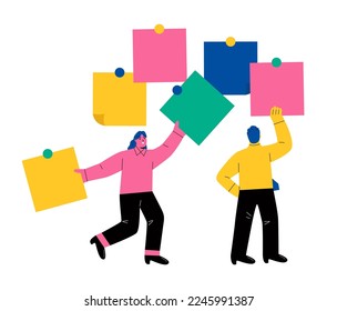 Business man and business woman put stick notes on board create strategy of project management. Flat vector illustration isolated on white background