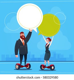 Business Man And Woman Ride Electric Scooter Transport Chat Bubble Copy Space Flat Vector Illustration