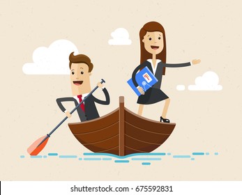 Business man and woman sailing on boat together. Man is rower and woman shows the way. Business concept Vector, illustration, flat