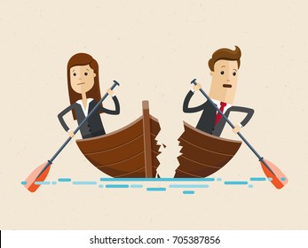 Business man and woman sailing on boat together. Businesswoman and businessman are rowing in different directions and the boat broke apart. Business management concept Vector, illustration, flat